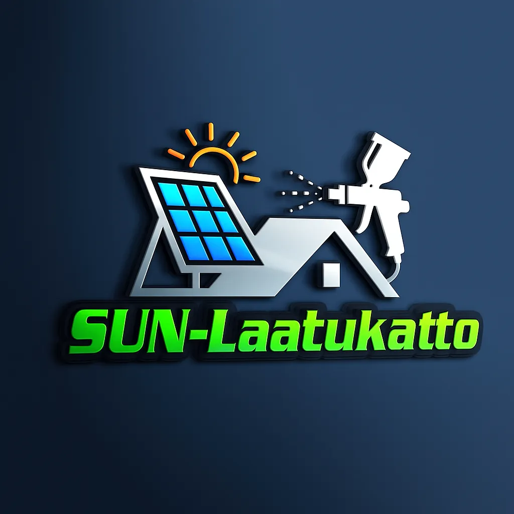 Logo, jossa aurinkopaneeli, aurinko, maaliruiskun ja talon katto, teksti "SUN-Laattakatto", sininen tausta, valaistus ylhäältä.
